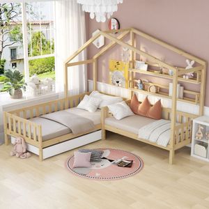 Flieks Dětská postýlka 90x200cm+70x140cm pro 2 děti, postel ve tvaru L z masivního dřeva se zásuvkami, policemi, ochranou proti pádu a chromem
