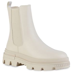 VAN HILL Damen Stiefeletten Chelsea Boots Profil-Sohle Stiefel Print Schuhe 839527, Farbe: Creme, Größe: 38