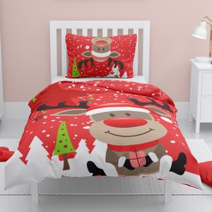 Rot-Weiße Weihnachts-Bettwäsche mit Rentier Motiv 135x200 + 80x80 cm (2-tlg.) Flanell mit Reißverschluss