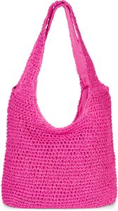 styleBREAKER Damen Papierstroh Beuteltasche mit langen breiten Henkeln, Strandtasche, Schultertasche, Flechttasche 02012397, Farbe:Pink