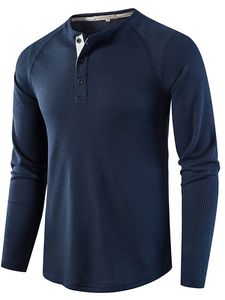 Herren Langarmshirts Henley-Shirt Knopfleiste Waffel Basic Shirt Mode Casual Bluse Dunkelblau,Größe XL