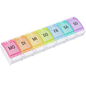 WELLGRO Tablettenbox für 7 Tage - Pillendose - 1 Fach pro Tag - Klappdeckel mit Druckverschluss - Material BPA-freier Kunststoff (PP) - Farbe wählbar, Farbe:Bunt