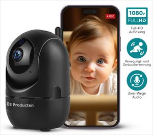 Überwachungskamera, WLAN IP Haustier Kamera Überwachung Innen, 360° Unterstützt Alexa/Google Home/2.4Ghz WiFi,Bewegungserkennung,2 Way Talk, Schwarz