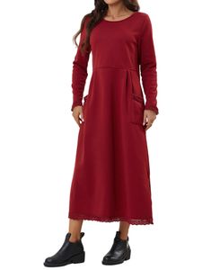 Damen Strickkleider mit Taschen Maxi Kleid Sweatshirts A-Linie Kleider Winterkleid Rot,Größe L