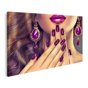 Bild Bilder auf Leinwand Luxus Mode Stil Nägel Maniküre Kosmetik Make up und lockiges Haar Wandbild Poster Leinwandbild QBNO