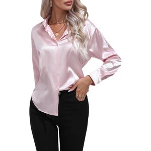 Damen Bluse Elegant Satin Langarm Business Oberteile Weiche Tunika Lässige Hemdbluse Rosa,Größe:EU XL