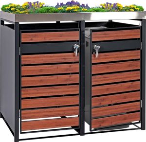 2er Mülltonnenverkleidung mit Pflanzkasten MCW-J81, erweiterbar, 125x132x80cm Metall 47kg, anthrazit  Kirsche-Holzoptik