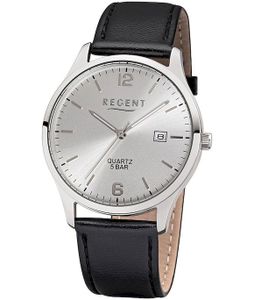 Regent Herren-Armbanduhr Elegant Analog Leder-Armband schwarz Quarz-Uhr Ziffernblatt silber UR1113408