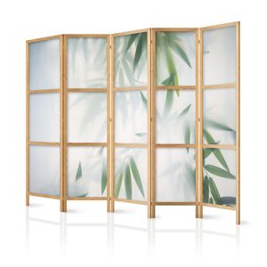 Paravent XXL Bamboo Blätter 225x171 cm - 5-teilig - einseitig - eleganter Sichtschutz - Raumteiler - Trennwand - Raumtrenner - Holz - Design Motiv - Deko - Japan b-B-0591-z-c