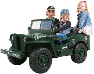 Actionbikes Motors Auto Jeep Willys - Dreisitzer - Kinderelektroauto inkl. Fernbedienung - EVA-Vollgummireifen - Bremsautomatik - 4 x 12 V Motoren - Sicherheitsgurt - Jeep ab 3 Jahre - Allrad Offroad