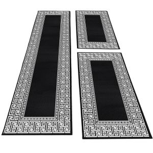 Bettumrandung Läufer Teppich mäander optik bordüre Muster 3 Teilig Schwarz Grau, Farbe:Schwarz, Bettset:2 mal 80x150 cm + 1 mal 80x300 cm