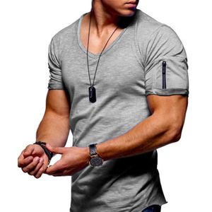 Männer Casual Kurzarm V-Ausschnitt Tops T-Shirt Bluse Pullover Basic Tee Reißverschlusstasche,Farbe: Hellgrau,Größe:L