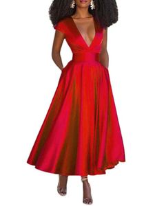 Damen Cocktailkleider V-Ausschnitt Abendkleid Ärmelloses Kleid Elegantes Ballkleid Rot,Größe M