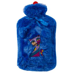 Biggdesign Owl and City Wärmflasche mit waschbarem und weichem Plüschbezug, Bettflasche für Kinder und Erwachsene, 2L Wärmflasche Gestrickter für Rücken- und Bauchschmerzen, Hot Water Bottle, blau