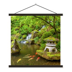 MuchoWow® Textilposter Wasserfall - Koi - Japanische Laterne - Moos - Wasser 60x60 cm mit schwarzem Rahmen - Posteraufhänger