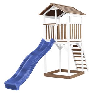 AXI Beach Tower Spielturm aus Holz in Braun & Weiß | Spielhaus für Kinder mit blauer Rutsche und Sandkasten | Stelzenhaus für den Garten