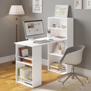 Schreibtisch, Eckschreibtisch mit Regalen und Stauraum, Bürotisch weiß modern