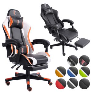Gaming Chair im Racing-Design mit flexiblen gepolsterten Armlehnen - ergonomischer PC Gaming Stuhl in Lederoptik - Gaming Schreibtischstuhl mit ausziehbarer Fußstütze und extra Stützkissen, Farbe:Schwarz