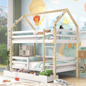 Flieks Patrová postel 90x200 cm s ochranou proti pádu, dětská postýlka s žebříkem a zásuvkami, podkrovní postel pro 2 děti
