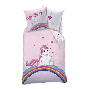 Flanell Bettwäsche Einhorn  Regenbogen 135x200 80x80 Baumwolle mit Reißverschluss Unicorn Rosa