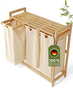 AMBIAVO® Wäschekorb 3 Fächer beige aus Bambus und Baumwolle mit Ablage
