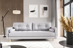 Sofa im skandinavischen Stil - Schlafsofa Donia Hellgrau -  Bettsofa mit Bettzeugablage, Sofa mit Schlaffunktion, inklusive Zierkissen