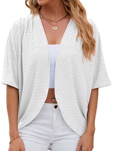 Damen Strickjacken Kurzarm Tunika Bluse Comfy T-Shirt Tee Hemdjacke Kurzarm Mantel Weiß,Größe 2xl