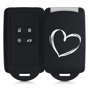 kwmobile Autoschlüssel Hülle kompatibel mit Renault 4-Tasten Smartkey Autoschlüssel (nur Keyless Go) - Silikon Schutzhülle Schlüsselhülle Cover Herz Brush Weiß Schwarz