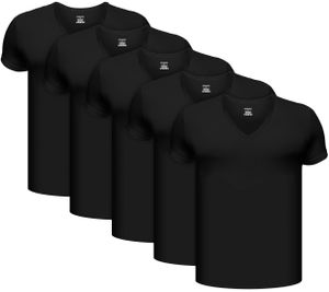 BRUBAKER 5er Pack Herren Unterhemd mit V-Neck - Kurzarm T-Shirt - V-Ausschnitt - aus hochwertiger Baumwolle (glatt) - Extra Lang - ohne Seitennähte - Schwarz - Größe XL