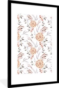MuchoWow® Gerahmtes Poster Rosen - Boho - Muster 60x90 cm - Poster mit Schwarzem Bilderrahmen Wandposter Rahmen Foto Bilder - Dekoration - Wandposter Wohnzimmer - Hochwertig