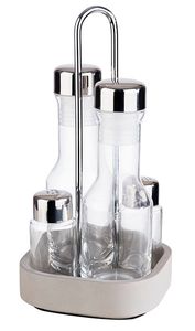 APS Menage-Set Element  Premium Trage für Pfeffer- und Salzstreuer, sowie Essig und Öl mit Betonständer inkl. Glasbehälter mit Edelstahl-Deckeln und Drehverschluss