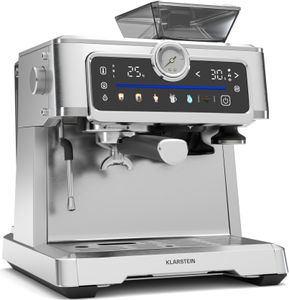 Klarstein GrandPresso Touch kávovar s portafiltrom a mlynčekom - 20 barov, 1 350 W, integrovaný presný mlynček, 2,3-litrová nádrž na vodu, dotykový displej, nehrdzavejúca oceľ, parná tryska, manometer