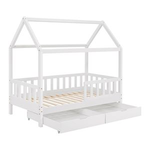 Juskys Kinderbett Marli 80 x 160 cm mit Bettkasten 2-teilig, Rausfallschutz, Lattenrost & Dach - Massivholz Hausbett für Kinder - Bett in Weiß