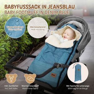 Joyz univerzálny nánožník jeans blue, pre detské autosedačky, kočíky a buginy, flísový poťah na sedadlo, plyšový vak so zipsom, hlavová časť a vrecko