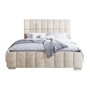 FURMEB24 - ALMA 120 x 200 cm - Postel Boxspring s podnožkou včetně matrace Belluci Classic - Čalouněná postel s dřevěným rámem - Manželská postel s vysokým podhlavníkem - Čalouněná - Ecru