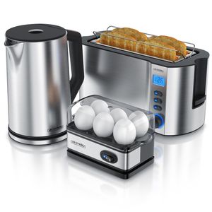 Arendo Frühstücksset 3-teilig, Wasserkocher 1,5 Liter, 4-Scheiben Langschlitz Toaster MANHA, 6er Eierkocher, Silber