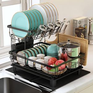 Abtropfgestell Geschirr, 2 Ebenen Geschirrabtropfgestell, Edelstahl-Abtropfgestell mit Abtropfschale und Abtropfmatte, Utensilienhalter