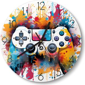DEQOART Glasuhr Ø30 cm Zahlen 'Game-Rausch in Farbe' Wanduhr Glas Uhr Design leise Küchenuhr