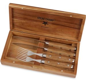 Steak Champ Fleischgabel + Steakmesser 4-teilig aus Klingenstahl inkl. Holzkiste