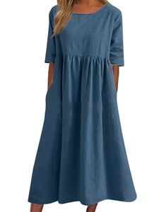 Damen Sommerkleider mit Tasche Midikleid Baumwolle Swing Kleider Freizeitkleider Pfauenblau,Größe XL
