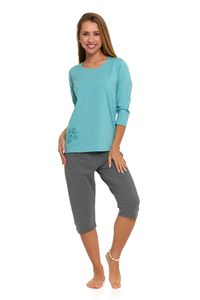 Moraj Damen Schlafanzug 3/4 Bluse + Pyjamahose 4200-019, Farbe: Minze/Grau, Große: XL