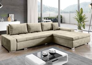 FURNIX Ecksofa TOMMASO Sofa mit Schlaffunktion Bettkasten und Kissen Couch pflegeleichter Stoff GOLD BEIGE L-Form MH 04