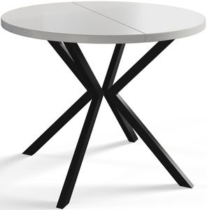 Runder Esszimmertisch LOFT LITE, ausziehbarer Tisch Durchmesser: 90 cm/170 cm, Wohnzimmertisch Farbe: Weiß, mit Metallbeinen in Farbe Schwarz