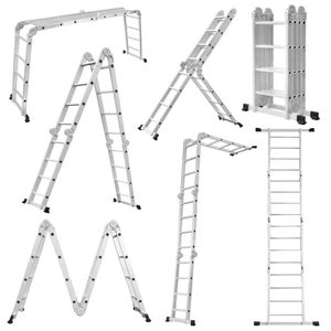 UISEBRT 6 v 1 rebrík Viacúčelový rebrík Alu kĺbový rebrík Skladací rebrík 470 cm Multifunkčný rebrík Alu rebrík s plošinou do 150 kg 4 X 4 stupne Strieborný