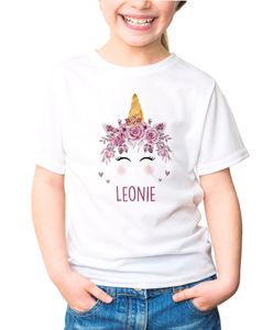 Kinder T-Shirt Mädchen Einhorn Blumen personalisiert mit Name Geschenk für Mädchen SpecialMe® Einhorn weiß 98-104 (3-4 Jahre)