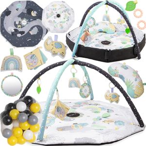 MoMi DAY&NIGHT Baby Matte - 4 Spielzeuge mit 30 sensorischen Bällen, 2 Spielzeugstangen, Croissant-Kissen