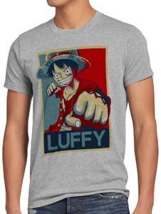 style3 LUFFY Herren T-Shirt one strohhut anime piece japanisch, Größe:L, Farbe:Grau meliert