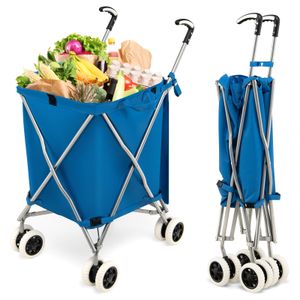 COSTWAY Skládací nákupní vozík 90 l do 55 kg, ruční vozík Scooter s odnímatelnou taškou a rukojetí Oxford, nákupní taška na vozík pro nákupy a kempování, modrá barva
