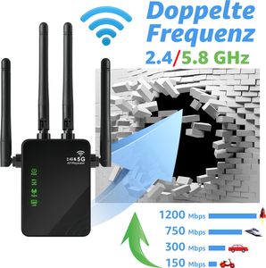 VSIUO WLAN Verstärker Repeater 2,4/5,8 GHz 1200 Mbps, WiFi Extender Booster mit 4 Antennen, Lan Port, 3 Modus, WPS, Amplifier bis zu 300 m², Schwarz