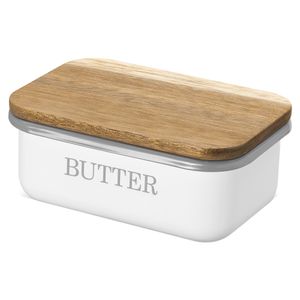 Navaris Eisen Butterdose mit Akaziendeckel - mit Silikon Dichtungsring - 15,5x10,5x6cm - für Butter und andere Lebensmittel - Butterschale weiß
